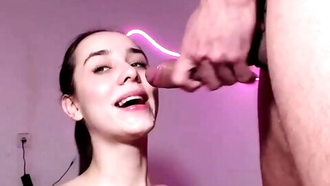 Horny brunette get facial after hard anal and pussy sex