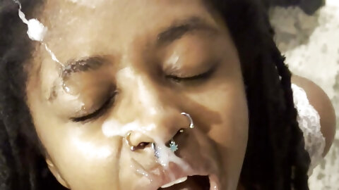 Petite 18 YO Ebony Sucking White Cock w Cumshot